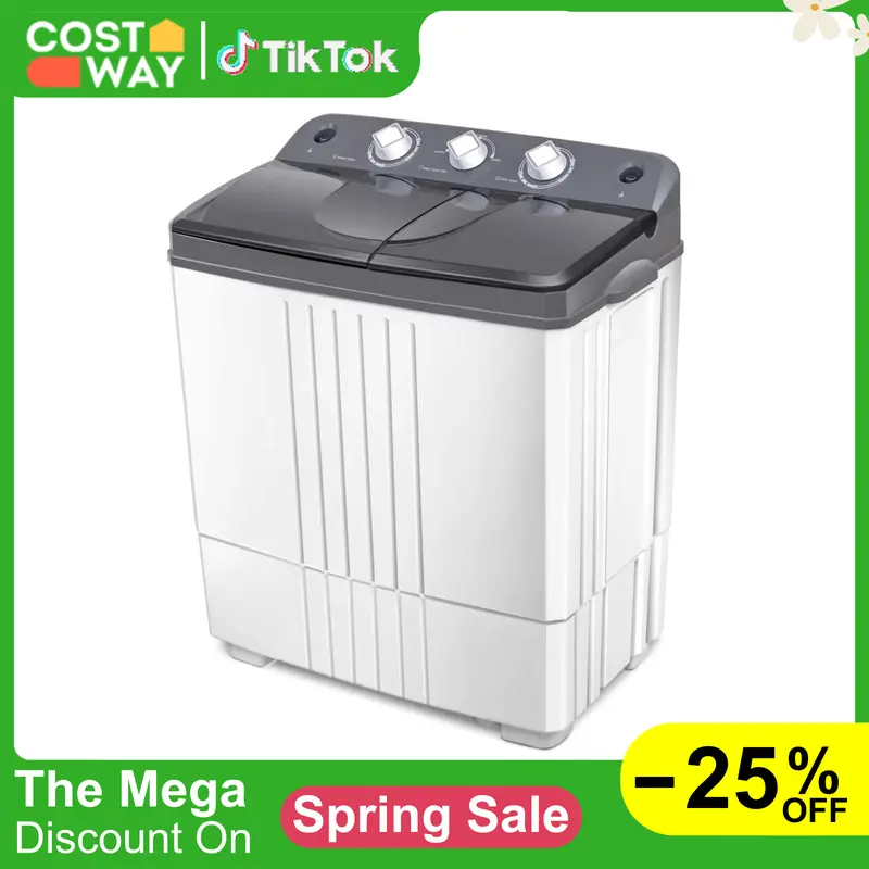 Costway-Portable Washing Machine, Twin Tub 20Lbs Capacity, Washer(12Lbs) and Spinner(8Lbs), Durable Design Energy Saving, Rotary Controller Drain Hose