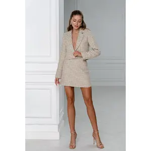 Beige Houndstooth Skirt Suit 2-Piece