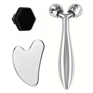 Facial Cleansing Massage Set, Facial Care Tool, Dual-Head Facial Roller + Stainless Steel Scratching Board + Facial Cleaning Brush, Home Care Gift for Women