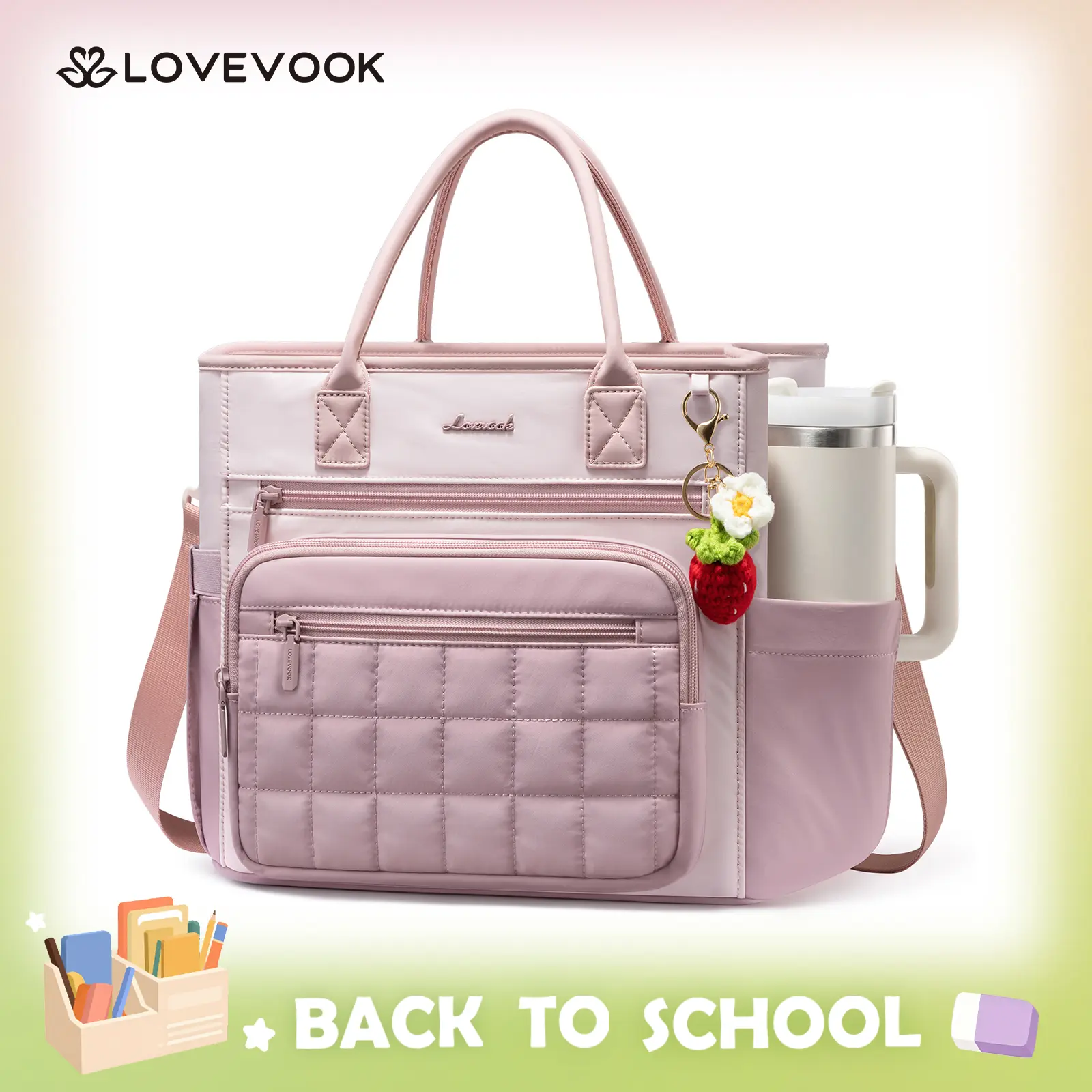 LOVEVOOK Insulated Lunch Bag Women,Puffer Adult Lunch Box Women with Handmade Strawberry Charm,Wide Opening Leakproof Cooler Bag with Cup Holder for Work Picnic,Lunch Box/Bag for Kids Girl Boy School DealsForYouDays