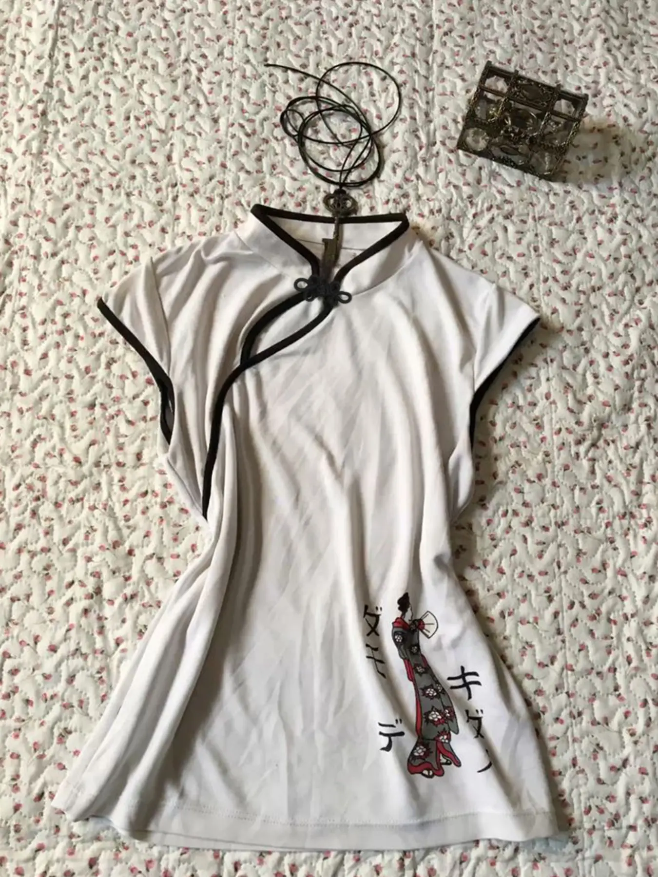 Women's Top New Traditional Chinese Button Design, Japanese Print Hollow Out, Loose Fit Casual Short Sleeve Shirt for Women Casual Top Blouse Womenswear