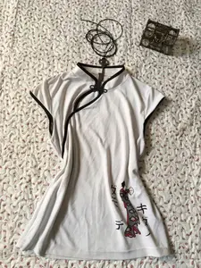 Women's Top New Traditional Chinese Button Design, Japanese Print Hollow Out, Loose Fit Short Sleeve Shirt for Women