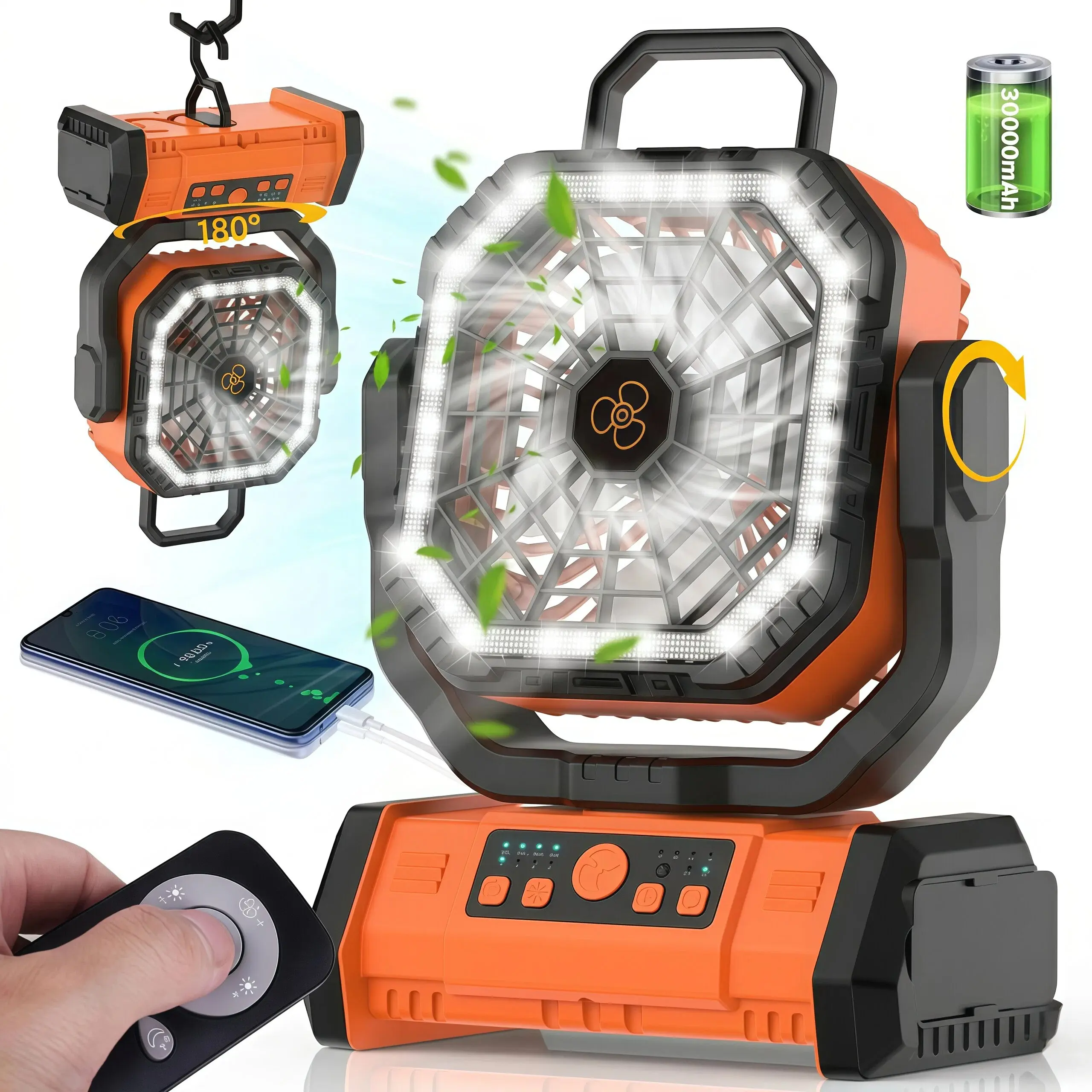 Portable Camping Fan, 30000mAh Cordless Battery Powered Fan with LED Lantern, 3 in 1 Portable Fan with 4 Speeds, Operated, Outdoor Fan for Outdoor Work, Hiking, Travel, Barbecue, Fishing