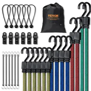 VEVOR 32 Piece Flat Bungee Cord Set,  17 mm Heavy Duty Bungee Straps with A3 Steel J-Hooks, Includes 10", 18", 24", 32", 40", Bungee Rope with Portable Storage Bag, 6 Clips & Canopy Ties