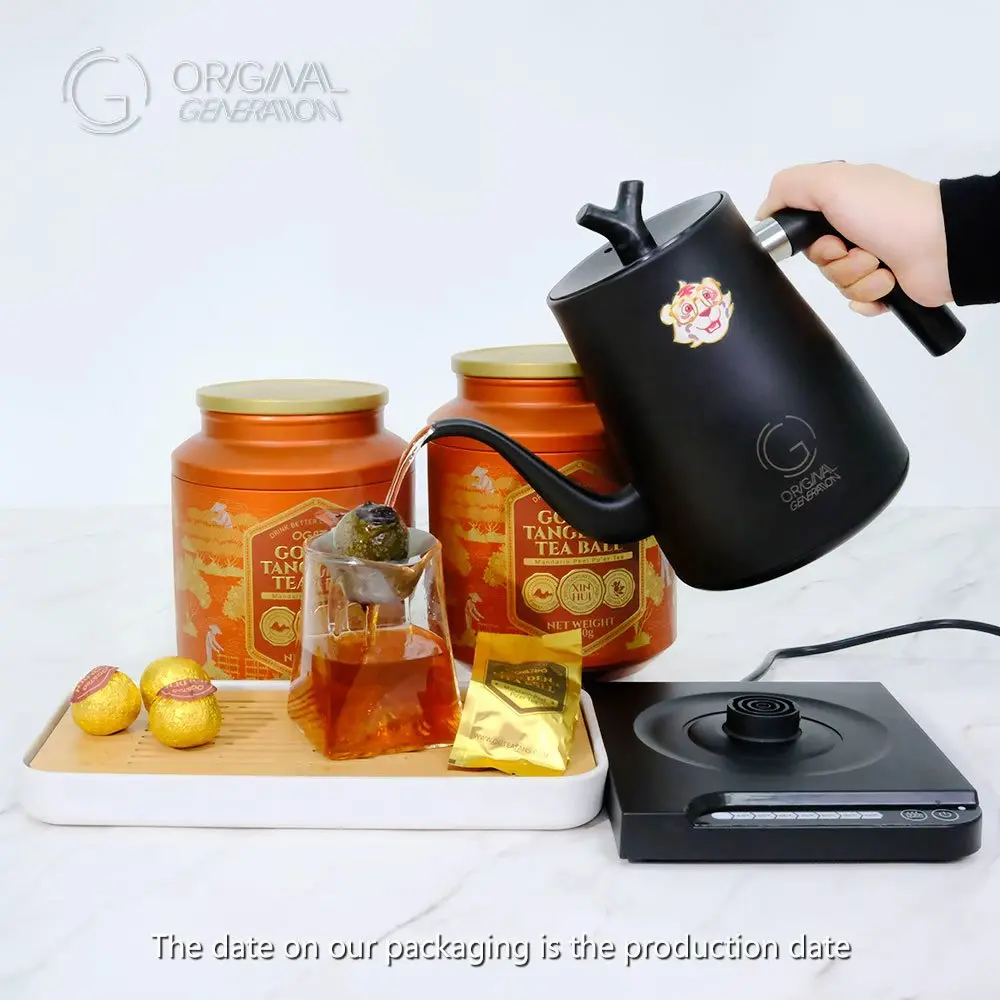 BOGO 2 Tins Golden Tangerine Puer Tea Ball With Tiger Kettle, Glass Pitcher With Filter And Mini Tea Tray
