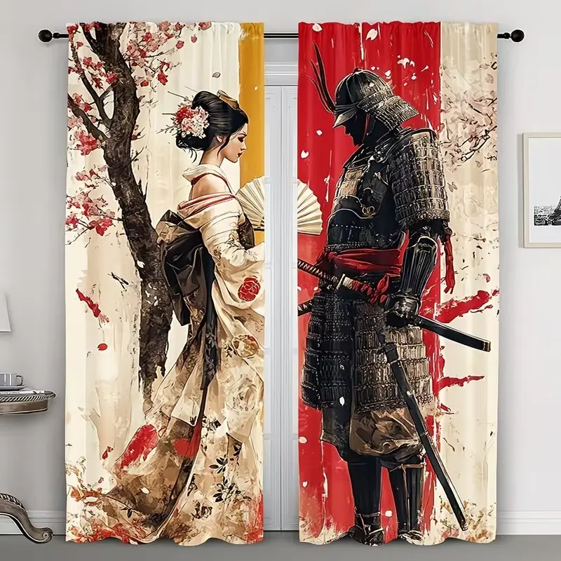 2pcs Japanese kimono samurai pattern printed curtains, Decorative, made of polyester fiber, Translucent privacy protection design, hand washable and machine washable, suitable for home decoration