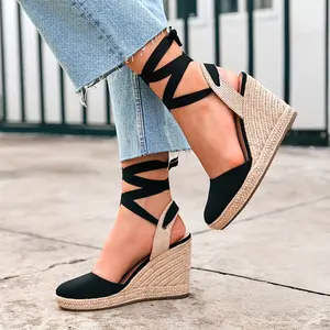 Womens Espadrilles Wedge Sandals Platform Closed Toe Ankle Strap Lace Up Summer Shoes Girl High Heels