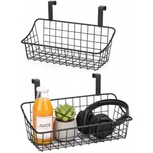 Over Cabinet Door Basket with Hook Grid Storage Basket, Kitchen Storage Organizer, Over Cabinet Door Organizer, Hanging Behind Door or On Railing, Small, Black, 2 Pack