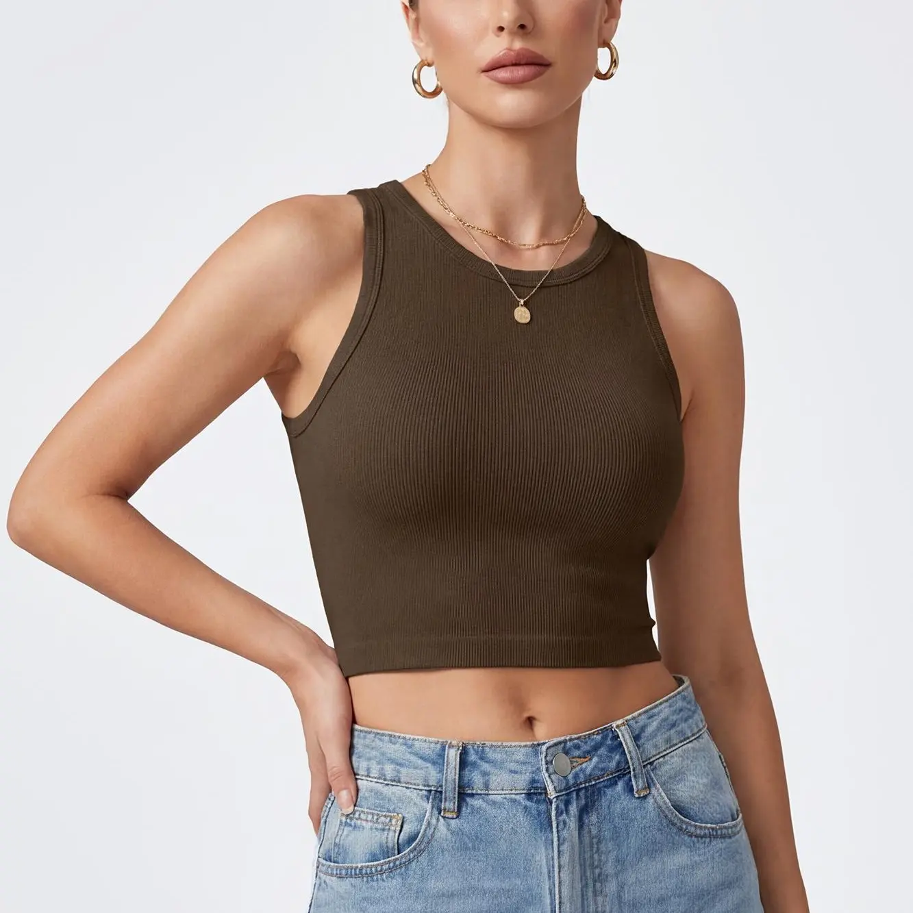 OYV Women Seamless One Piece Stretchy Ribbed Crop Tank Top