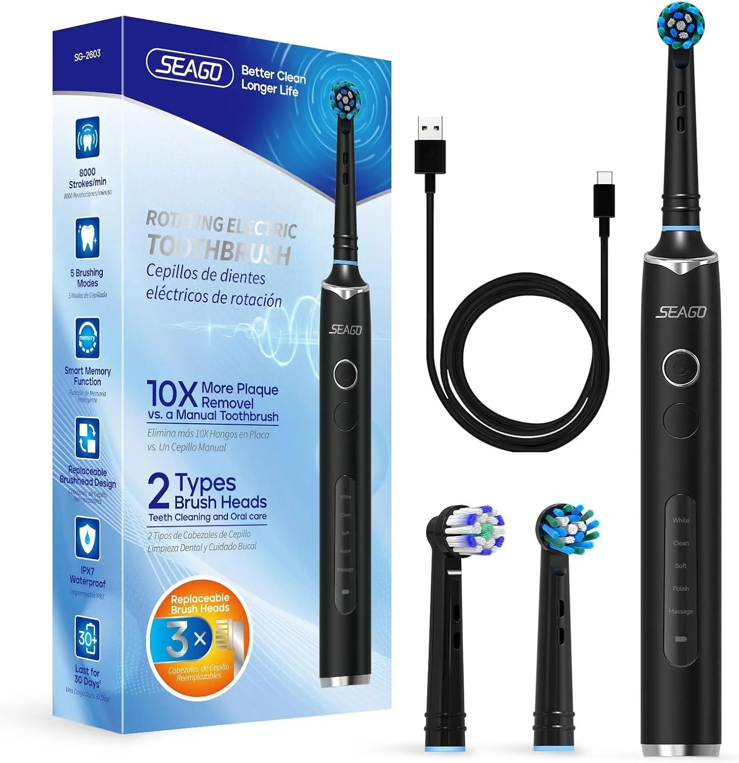 Cordless Rechargeable Rotating Electric Toothbrush for Adults - 5 Cleaning Modes, 3 Brush Heads, 2-Min Timer, IPX7 Waterproof, Gum Health Support, Black