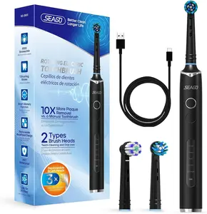 Seago Rotating Electric Toothbrush with 3 Brush Heads, 2 Min Smart Timer, Rechargeable Power Plug, Cordless for Adults, IPX7 Waterproof Black