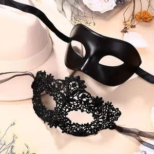 2pcs Black Masquerade Mask Couple Lace Plastic Venetian Party Ball Mardi Gras Halloween Mask For Men Women