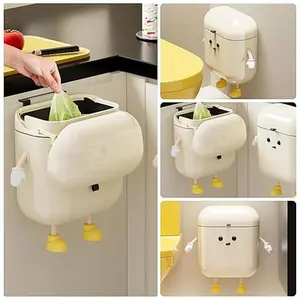UFORU 3.2 Gallon/12L Hanging Trash Can with Lid, Cute Cartoon Cabinet Door Garbage Bin, ABS Plastic Small Trash Can for Kitchen, Bathroom, Office, RV and Apartment