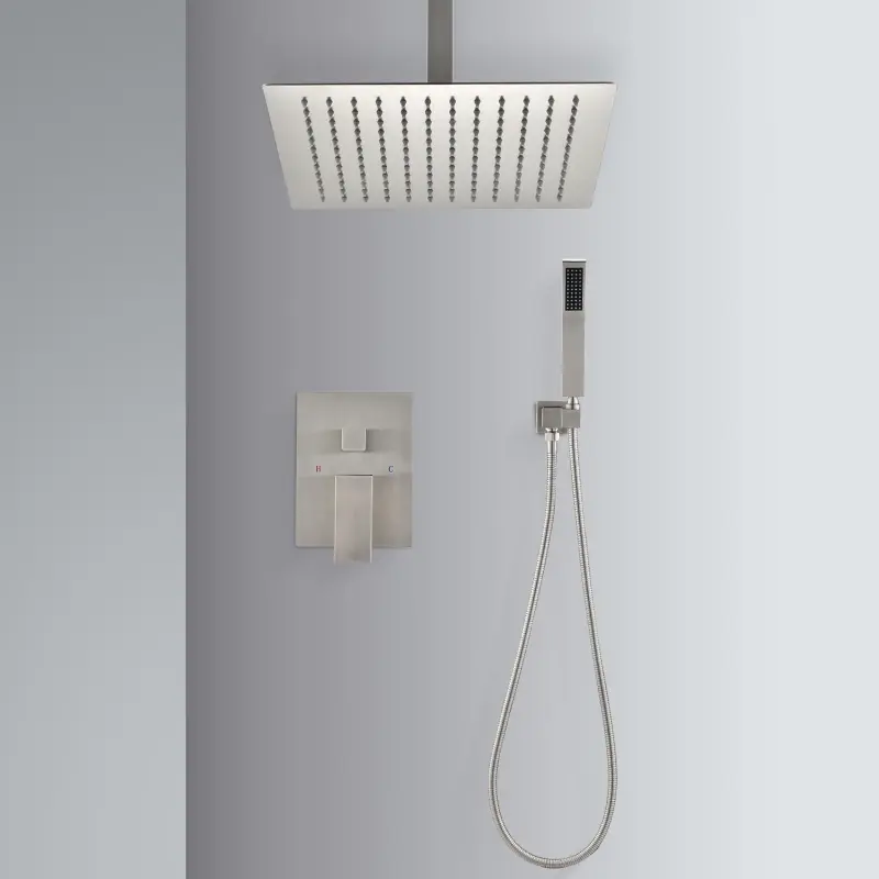 High-Quality Ceiling Type Shower System Combo Set - 16-in Heads, Handheld Rain Shower, Brushed Nickel Brass Construction, Shower Heads, Complying With American Standard Pipe Connections