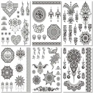 Mandala Flower Temporary Tattoo For Women, Black Large Indian Tribal Henna Fake Tattoo Sticker Adult Girl Arm Hand Leg, Bohemia Lotus Sexy Temp Tatoo Back Waist Thigh Body Art Makeup, 6-Sheet