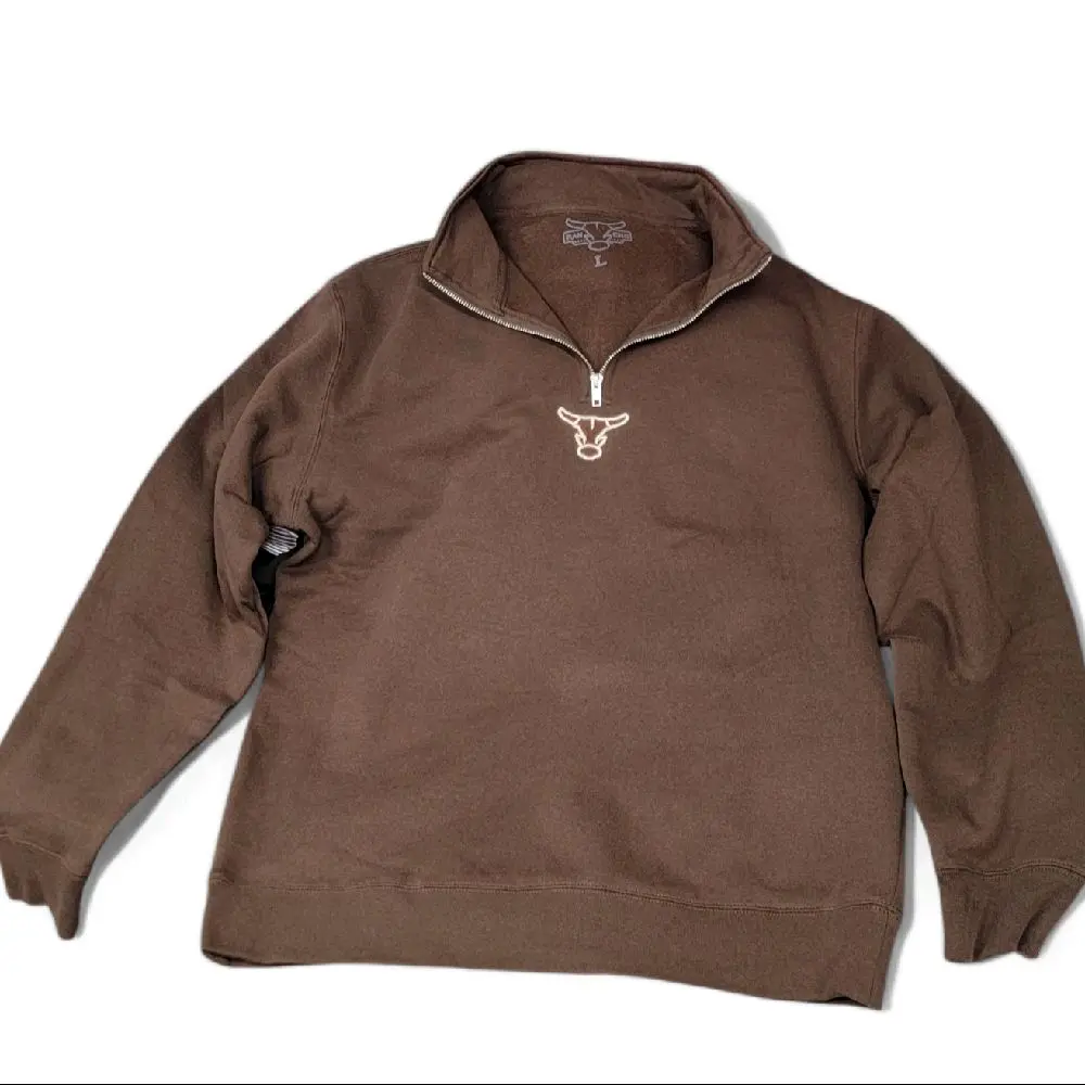 Rancho Original Western Apparel Co. Chocolate 1/4 Zip Pullover Unisex Sweater with Bull Logo Western Inspired Fashion Casual Long Sleeve Sweatshirts