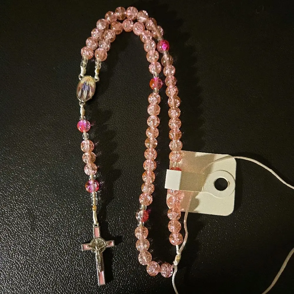 Adjustable Rosary with light Pink Crackle Beads and pink Cross Charm