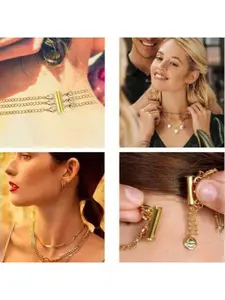 3pc Stainless Steel Layered Multi-Row Sliding Lock Clasp Necklace Connector, Unisex Casual Wear, All Seasons, Choking Hazard Warning