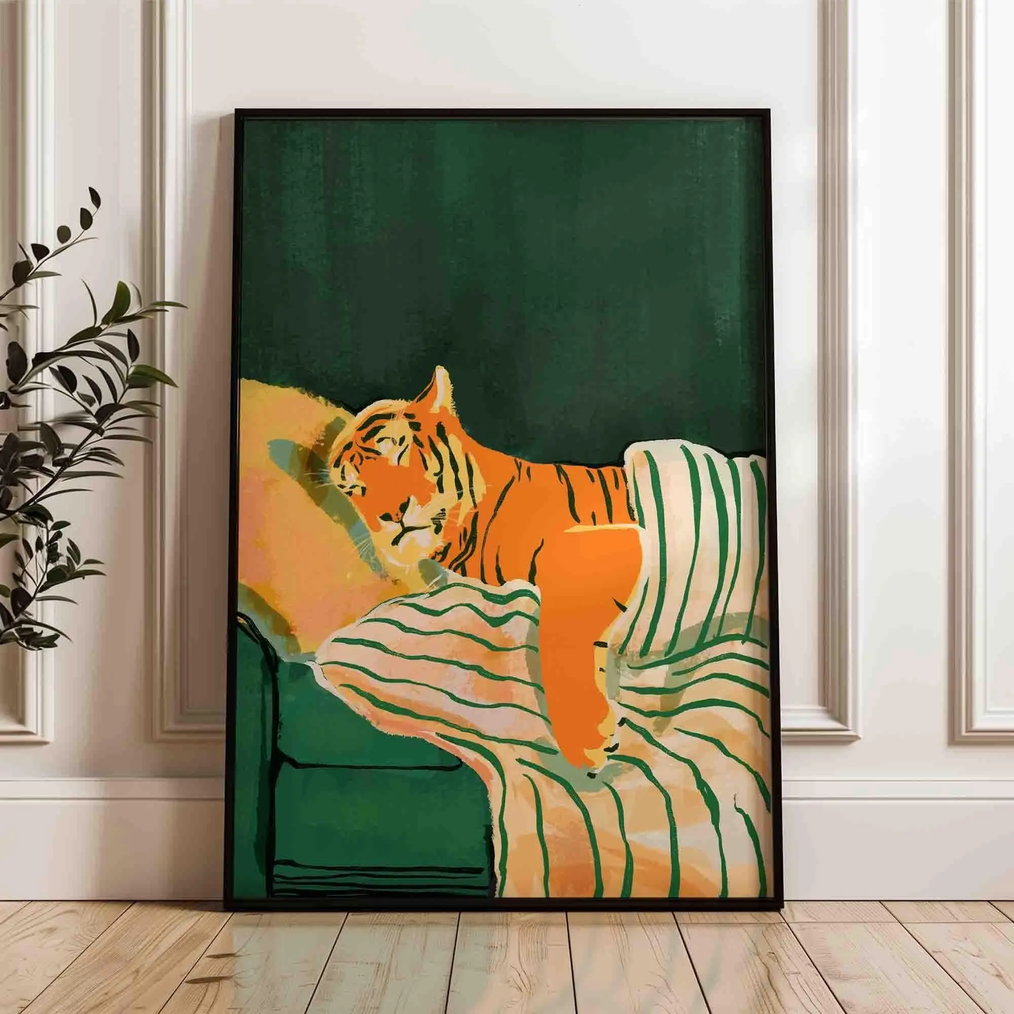 [UNFRAMED POSTER] Emerald green tiger art print, modern animal print, dark green home decor, aesthetic artwork, green and orange painting, shipped wall art