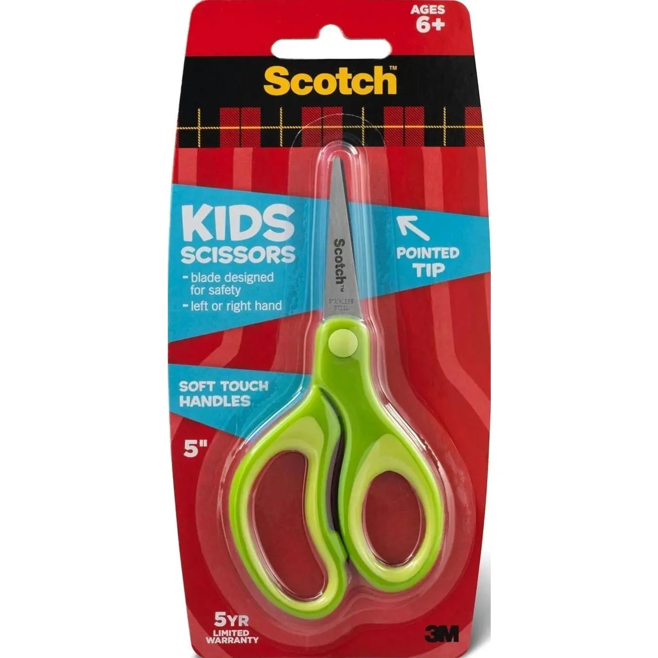 Scotch Kids Pointed Tip Scissors with Soft Touch, 5" (Colors may vary) | Stainless Steel Blades For Classroom Crafts