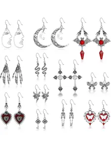 12 Pares Pendientes Gótico Punk, Rockabilly Vintage Pendientes Set, Bat Snake Skull Butterfly Moon Love Key Gothic Earrings, For Ladies Women, Punk Style Earrings