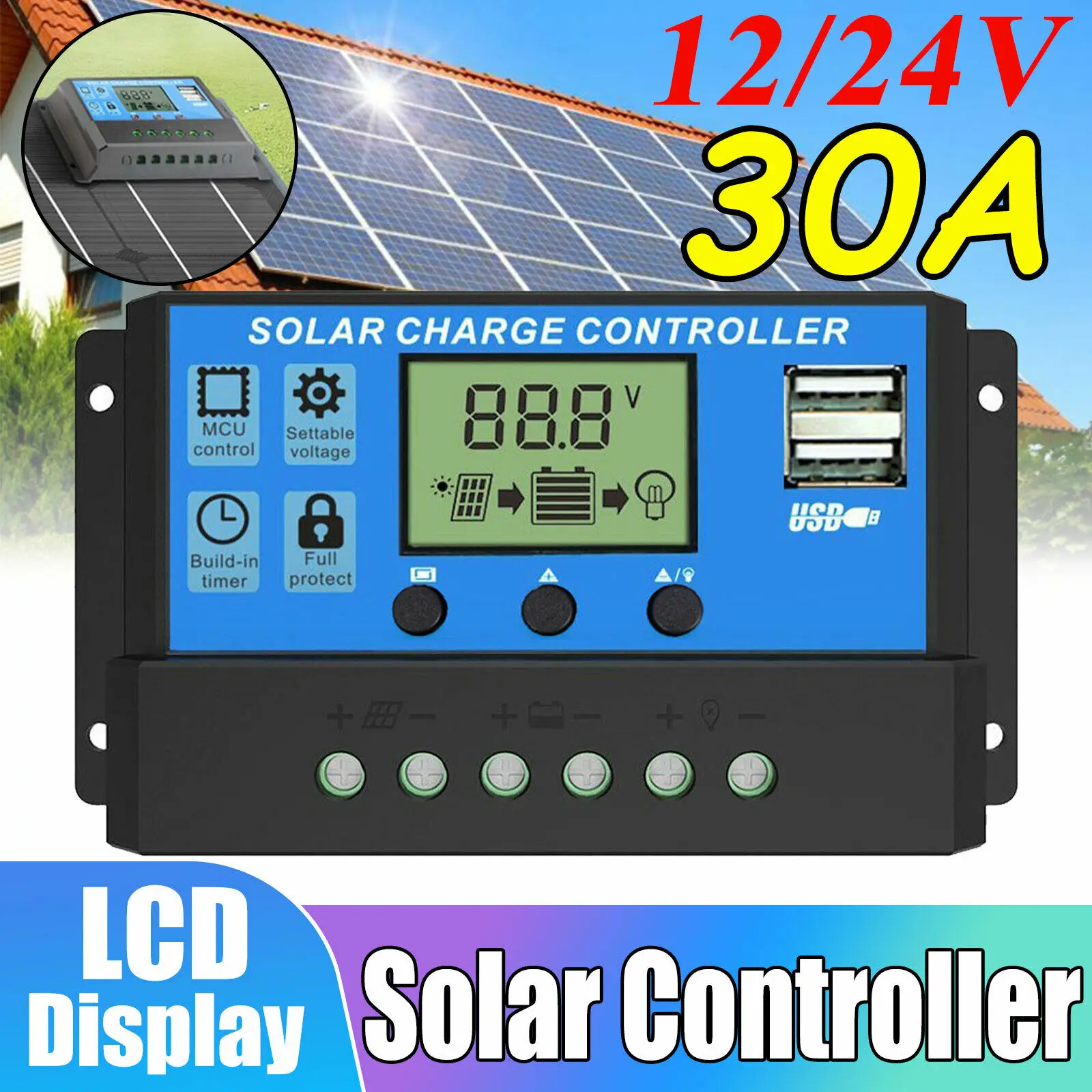 Dazone 30A Solar Charge Controller 12V/24V with Dual USB Port LCD Display Timer Setting for Solar Panels Dazone 30A Solar Charge Controller 12V/24V with Dual USB Port LCD Display Timer Setting for Solar Panels
