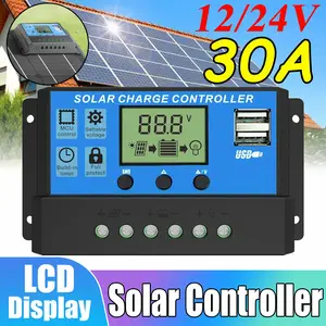Dazone 30A Solar Charge Controller 12V/24V with Dual USB Port LCD Display Timer Setting for Solar Panels