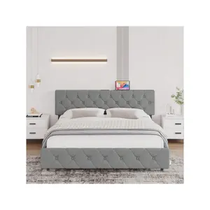 Upholstered Platform Bed Frame With USB Ports - Adjustable Headboard, Strong Frame, Wooden Slats Support - Linen Fabric Wrap, No Box Spring Needed - Easy Assembly Indoor Furnitur