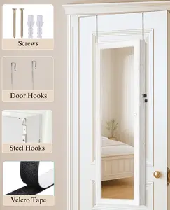 BTEXPERT 47" Mirror Jewelry Cabinet Armoire 6 LED , Large Full Length Jewelry Organizer Storage, Wall-Mounted  Door-Hanging   , Dove White, Lock Key