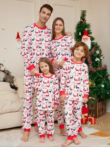 Christmas Deer Family Pajamas Set, Background Deer + Christmas Tree + Snowflake Elements, Soft Stretch Fabric Fall Winter