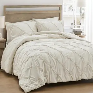 Size Comforter Set Beige - Ultra Soft Boho Pintuck Cream Down Alternative Bedding Set for  Seasons, 3 count Lightweight Warm Pinch Pleat Bed Set with Comforter, 2 Pillowcases