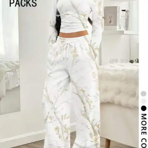 Women's Two-Piece Lounge Set: Long Sleeve Crop Top & Wide Leg Pants in Gold Marble Print, Buttery Soft Fabric, Perfect for Casual, Loungewear, Homewear, Streetwear, Nightwear Outfit
