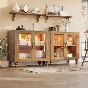 Sideboard Buffet Cabinet Set, Modern Storage with Glass Doors, Boho Display & Console Table, Farmhouse Coffee Bar for Entryway, Living Room​