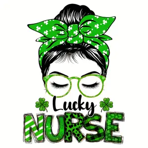 4 Pack Lucky Nurse Iron on Vinyl Patches St Patrick s Day Clover Messy Bun Designs DIY Heat Transfer Decals for Clothing Bags Pillows Party Favors Anniversary Gifts Craft Supplies
