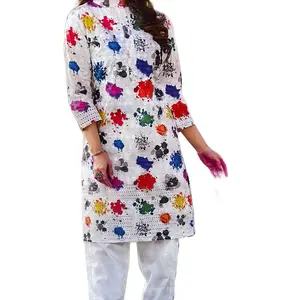 Holi Special Ladies Kurti Top in Cotton Fabric with Colorful Embroidery and quarter Sleeves for Women's Wear - Shirts, Womenswear