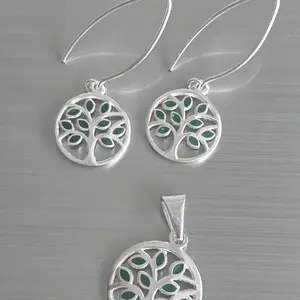 950 Silver Elegant Tree of Life Earrings and Pendant Set with Green Enamel Accents