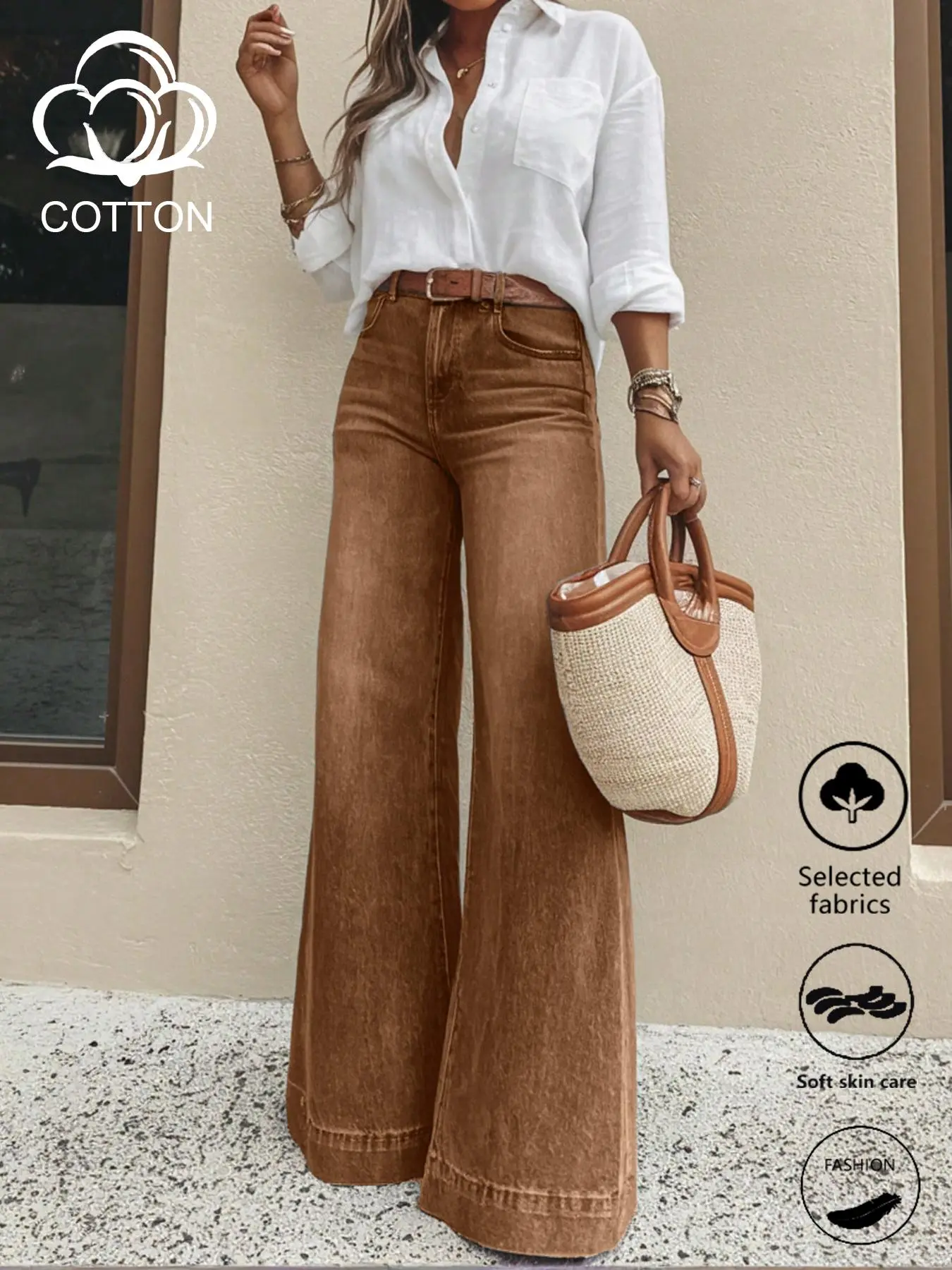 Clean Gent women’s loose jeans, high-waisted with a slimming effect, slight stretch fabric, simple and versatile, suitable for all seasons, multifunctional casual style