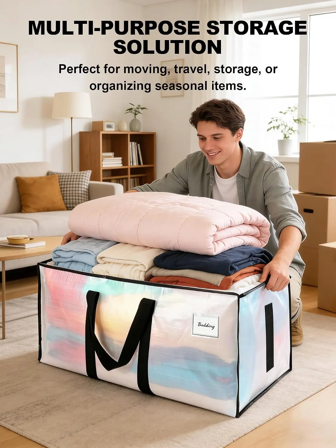 6-Pack Sturdy Top Zipper Polypropylene Space Saver Storage Bags - Extra Large Waterproof Multipurpose Versatile Bags with Reinforced Handles, Collapsible for College Move & Camping Storage, Moving Box Alternative