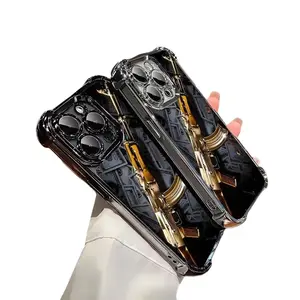 Trendy Cool Gold Weapon MoneyLuxury Fashionable Ins Four Corner Airbag Anti-drop,Slip Phone Cases for IPhone 16 15 14 13 12 11 X XS Pro Max Plus Shockproof Cover,To Family,Boy,Girl,Friends As A Birthday Gift Protective Black
