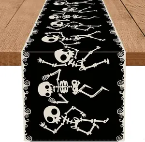 Halloween Table Runner Skeleton Dancing Funny Black Linen Seasonal Kitchen Dining Table  Outdoor Party Decorations (13'' x 72'')