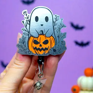 Cute Ghost Badge Reel - Halloween Badge - Retractable Badge Holder - Ghost with Pumpkin Acrylic Badge Reel for Nurses and Healthcare Workers