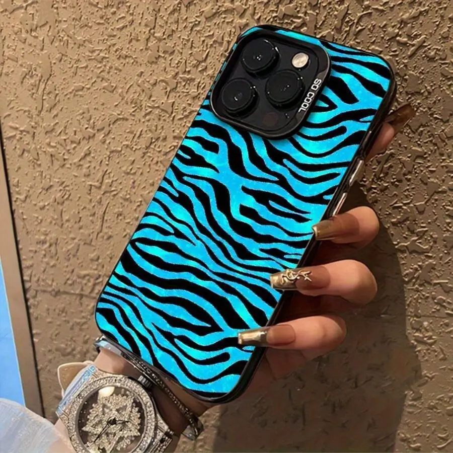 Zebra Style Hit Protective Cellphone Case for iPhone 11-16 Pro, Blue Neon Stripes & Wave Patterns, Shockproof TPU Accessory Cover