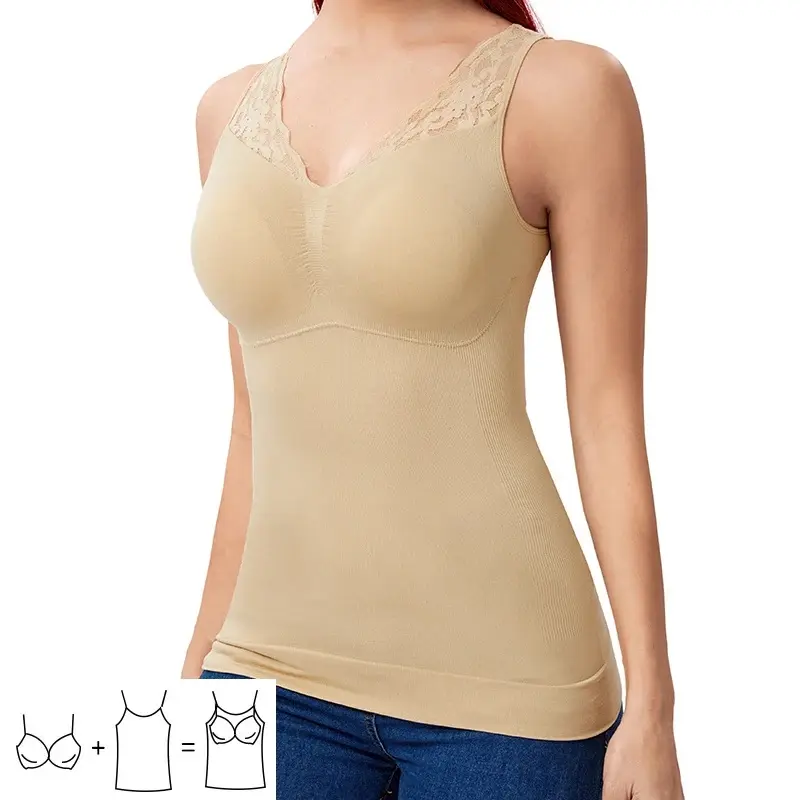 Built In Bra Tank Top Women Shapewear Back Smooth Tummy Control Slim Waist Body Shaper New Lace Camis Padded Vest Lifewear