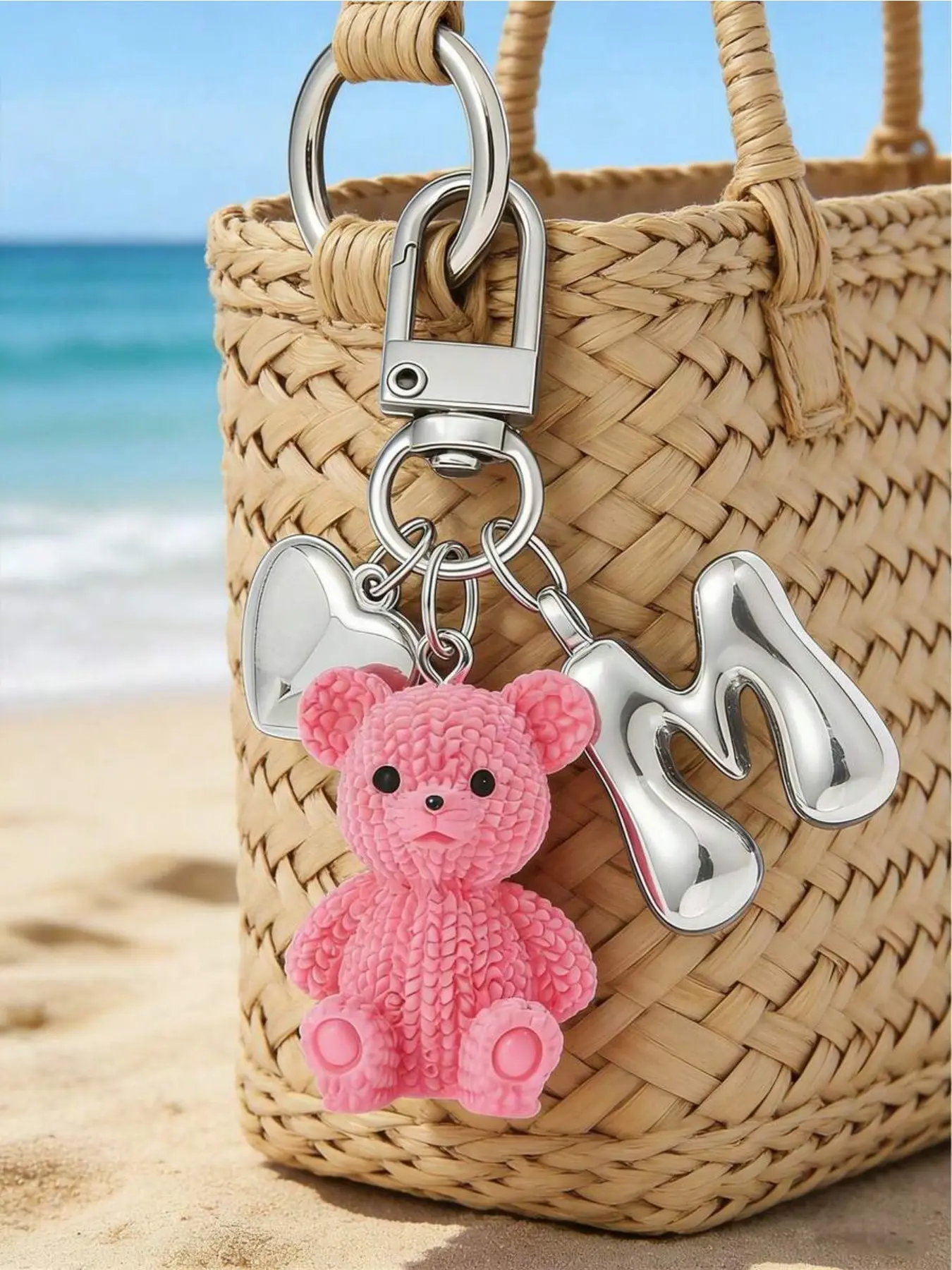 Letter Teddy Bear Keychain, Keychain Kawaii, Keychain Accessories with silver A-Z bubble alphabet charms, cute pendant for handbags, backpacks and daily decorations, accessory for women and girls, perfect holiday gift for Easter, Mother's Day