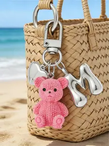 Letter Teddy Bear Keychain with silver A-Z bubble alphabet charms. Cute pendant for handbags, backpacks and daily decorations. Ideal fashion accessory for women and girls, perfect holiday gift for Easter, Mother’s Day, graduation and weddings.