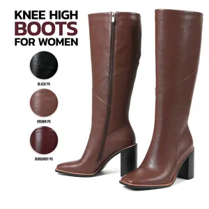 Womens Knee High Boots Square Toe Chunky Block High Heel Side Zipper Comfortable Fashion Date Dress Party Trendy Classic Tall Gogo Boots