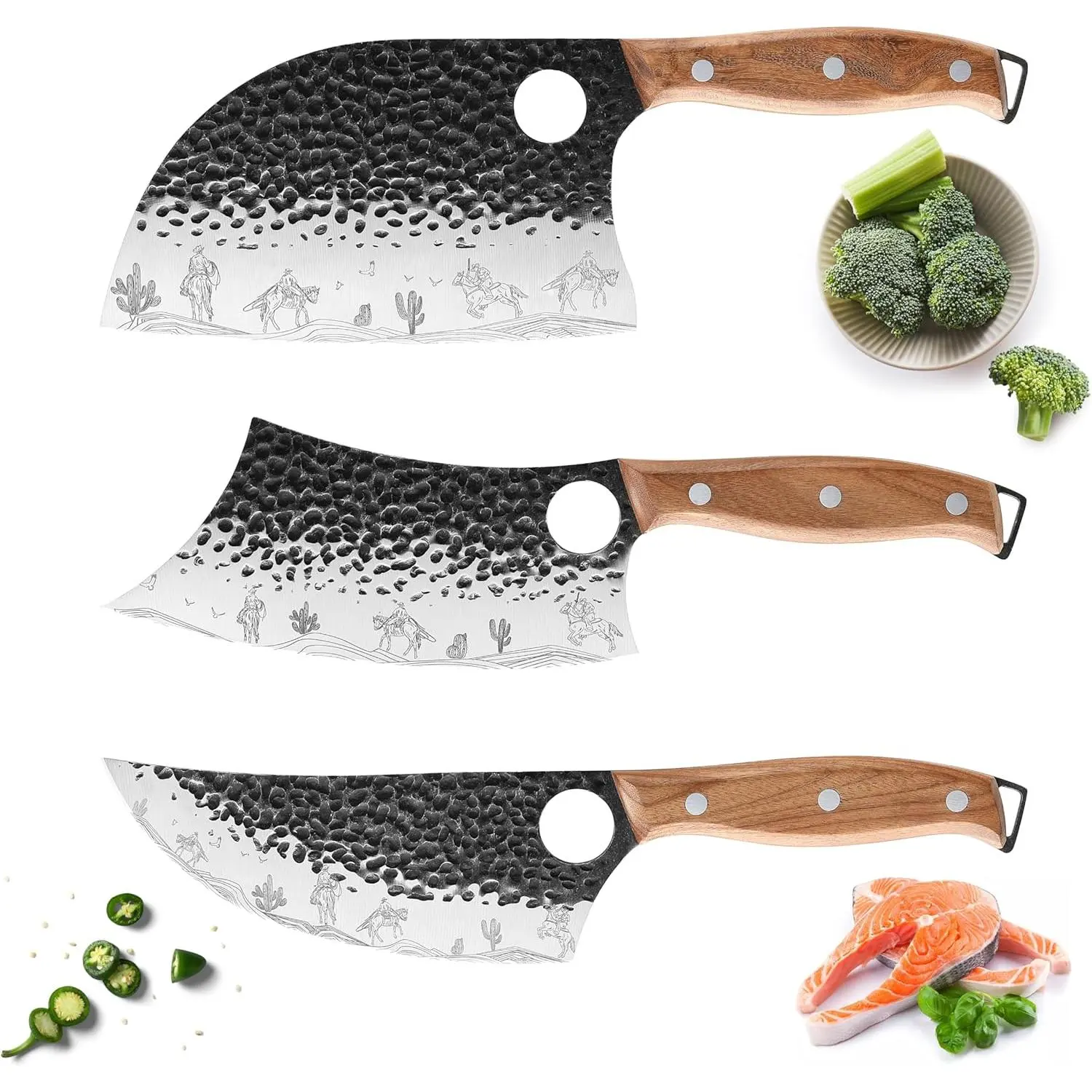 3 count Butcher  Set, Hand Forged Serbian Chef & Meat Cleaver &  , Wooden Handle,  for Home, BBQ, Camping (Cactus and Knight Pattern)