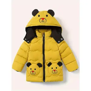 Boy'S Cute Bear Patched Hooded Quilted Jacket, Warm Zip Up Coat, Boy'S Clothes for Winter Outdoor, As Gift, Thick