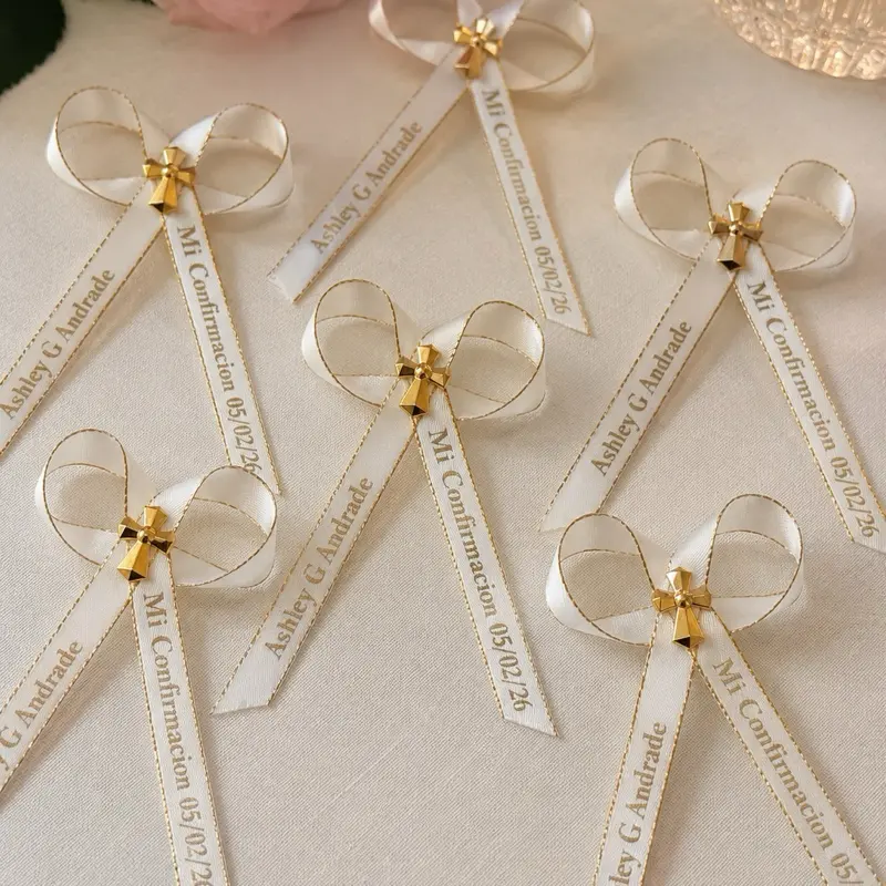 24pcs Custom Personalized Office Stationery Ribbons - Quinceanera Supplies, 2 Text Sides, 22 Characters per Tail, Personalized Text, Emerald Green/Gold Writing, Fuchsia Accents, for Baptism Handwritten Notes & Gold Ribbon Gifts, Add Personalization