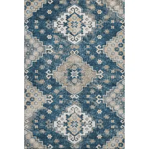 HomeRoots 667384 10' x 14' Navy Blue, Ivory & Beige Medallion Traditional Indoor Area Rug - Machine-Made Rectangle, Machine Wash, Stain Resistant, UV-Protected